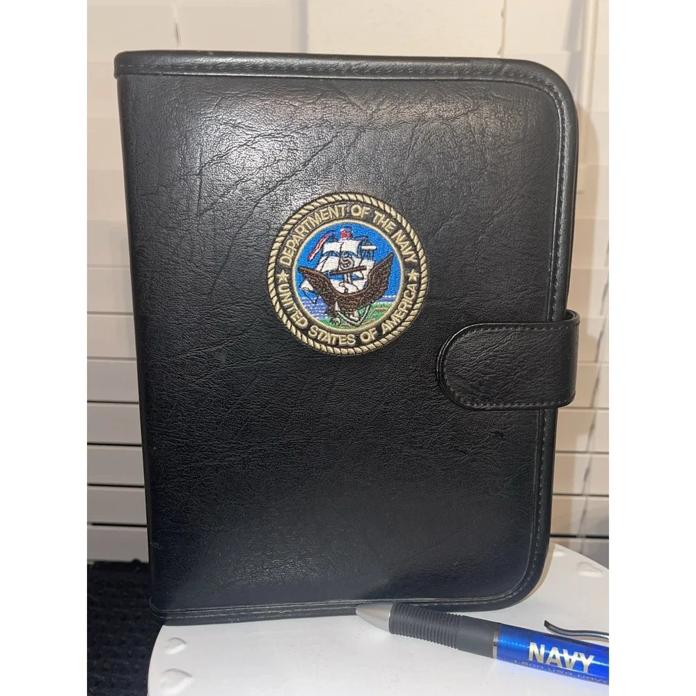 Vintage United States Navy Black 3 Ring Portfolio With Embroidered Logo & Pen